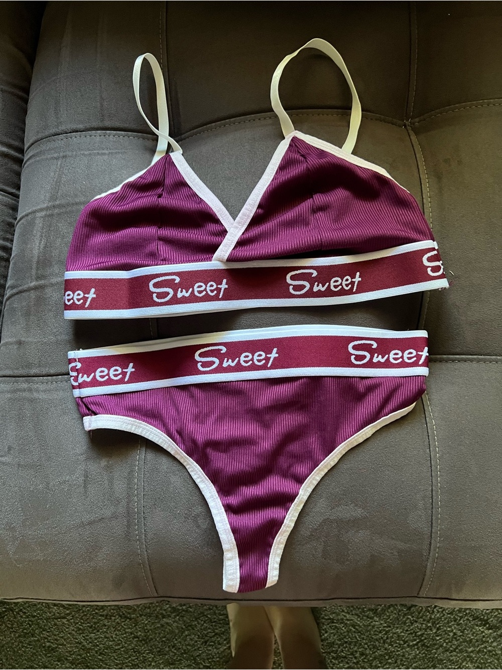 Sweet Branded Ribbed Bralette & Bikini Set - Plum with White Trim